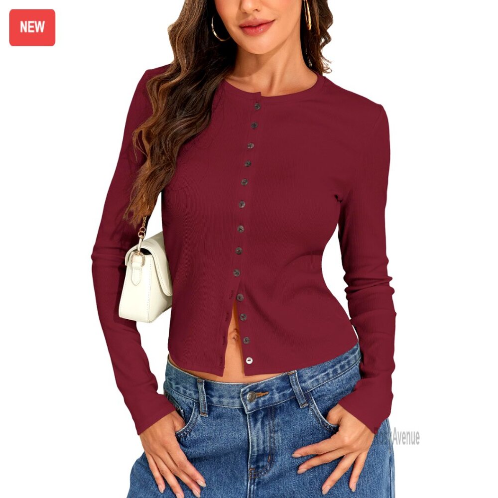 Ribbed Cotton Long Sleeve Crop Top Button Down Cardigan Y2K Slim Fit Casual